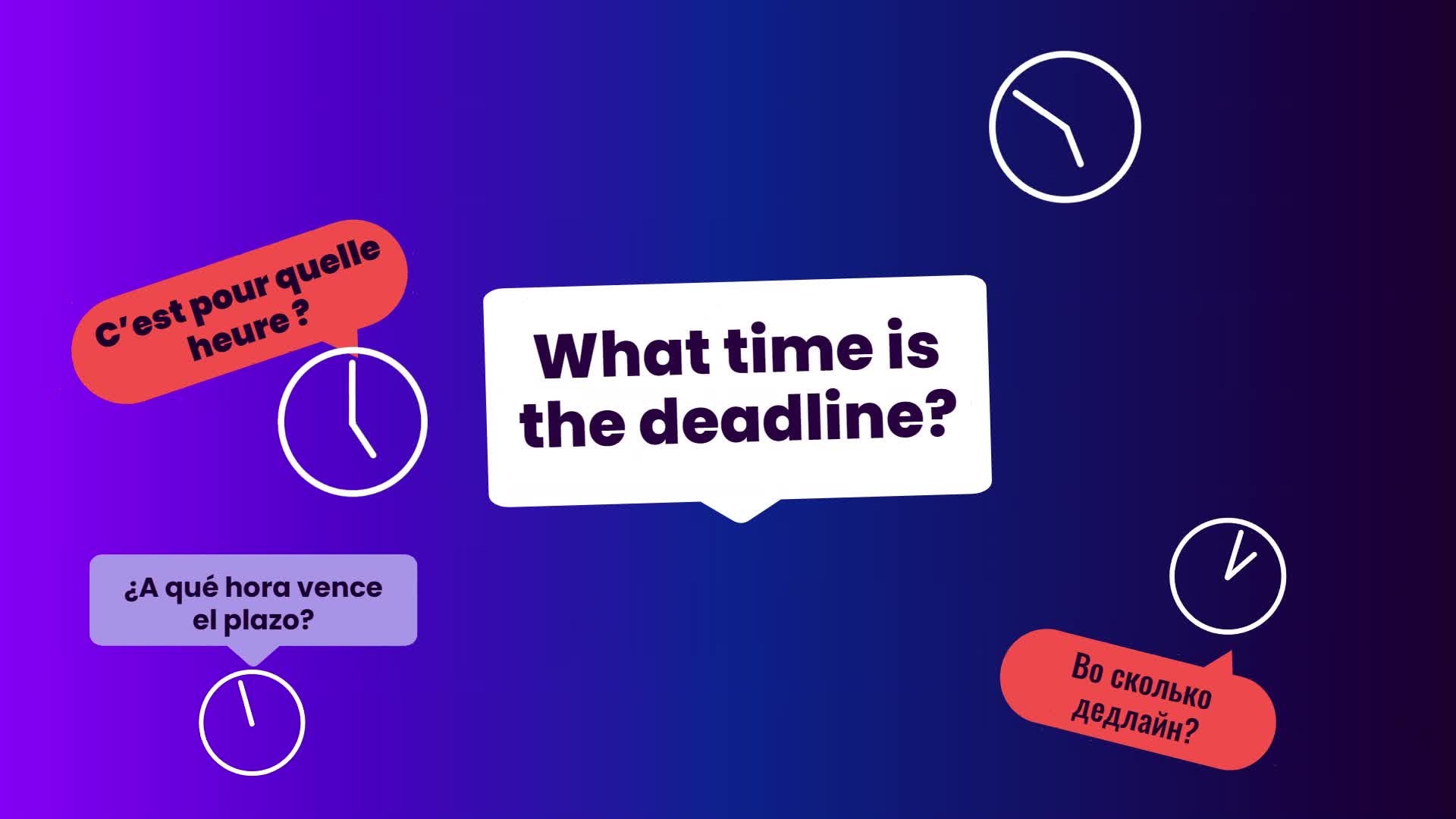 Multilingual deadline questions and clocks from the promo