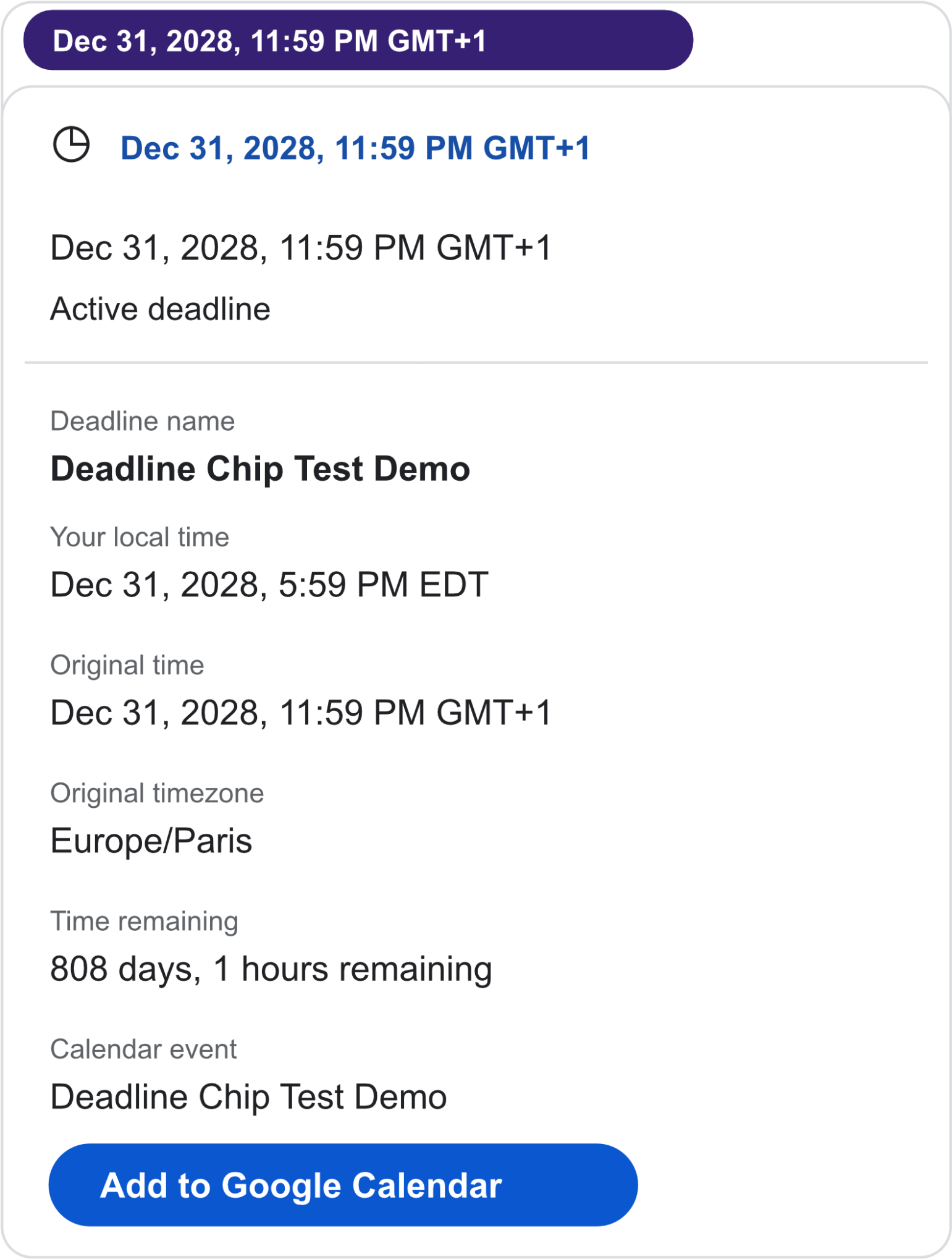 Example Deadline Chip preview showing local time, original time zone, time remaining, and Add to Google Calendar